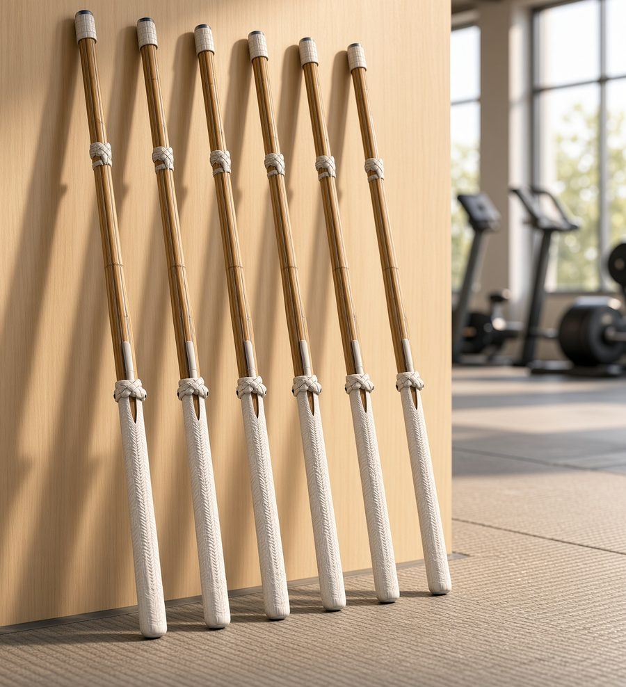Six bamboo shinai leaning against a wooden wall in a bright gym